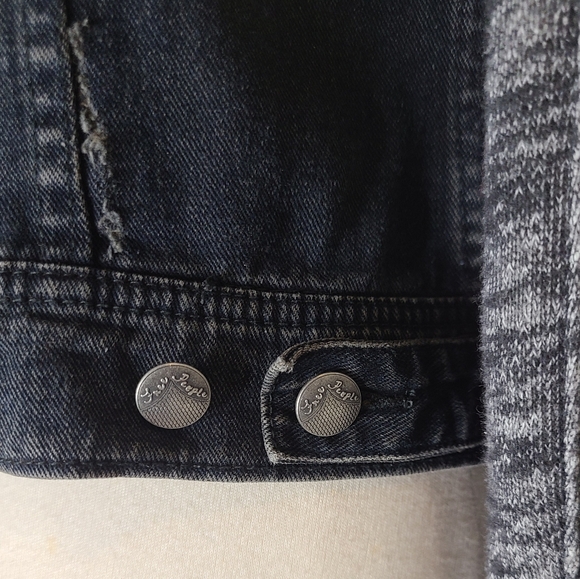 Free People Black Mixed Media Space Dye Knit Denim Jean Jacket Sz M - Picture 10 of 16